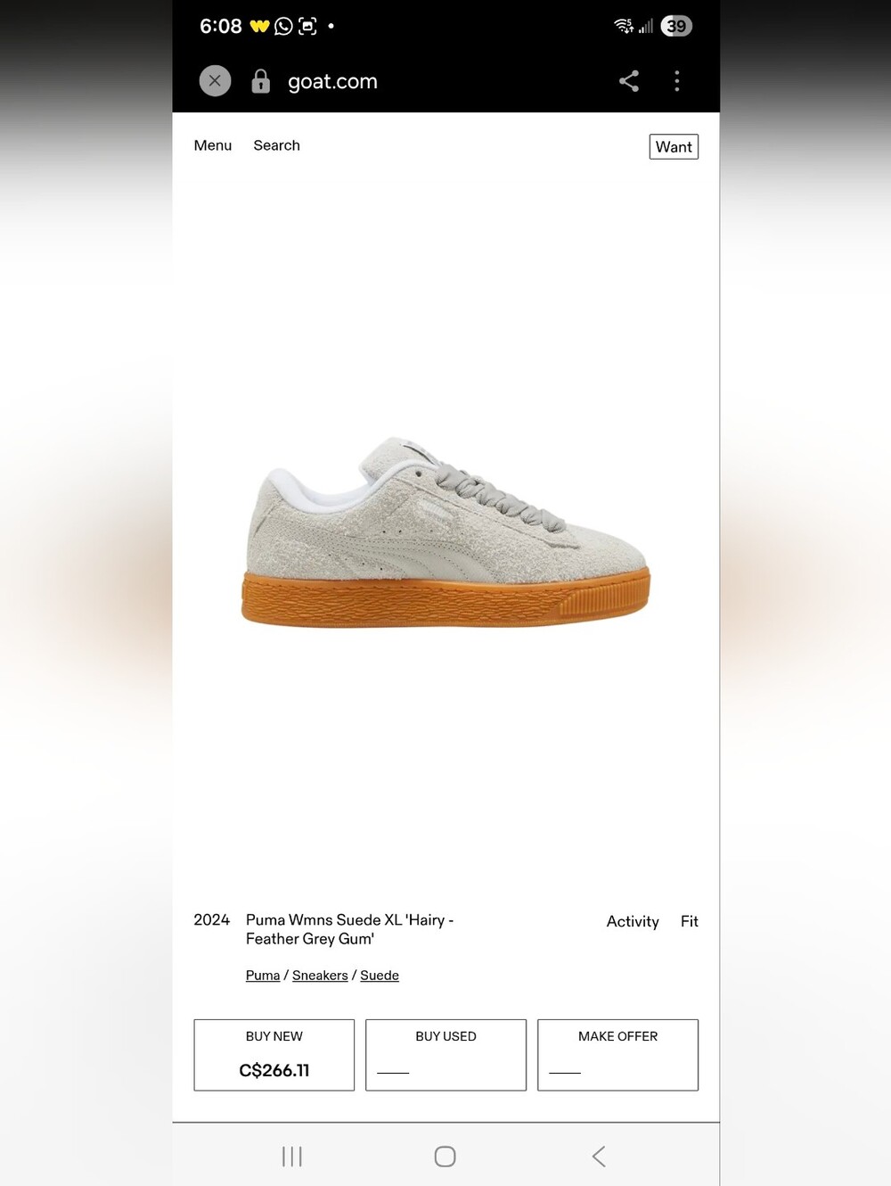 Puma Suede XL Women's Sneakers in Feather Grey with Gum Sole
